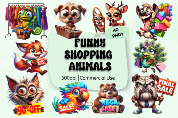 Funny Shopping Animals PNG Bundle Afbeelding AI Afbeeldingen Door HBM Clipart