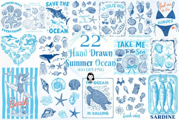 Hand Drawn Summer Ocean PNG Bundle Gráfico Ilustraciones Imprimibles Por Cat Lady