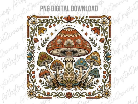 Intricate Boho Folk Art Mushroom PNG