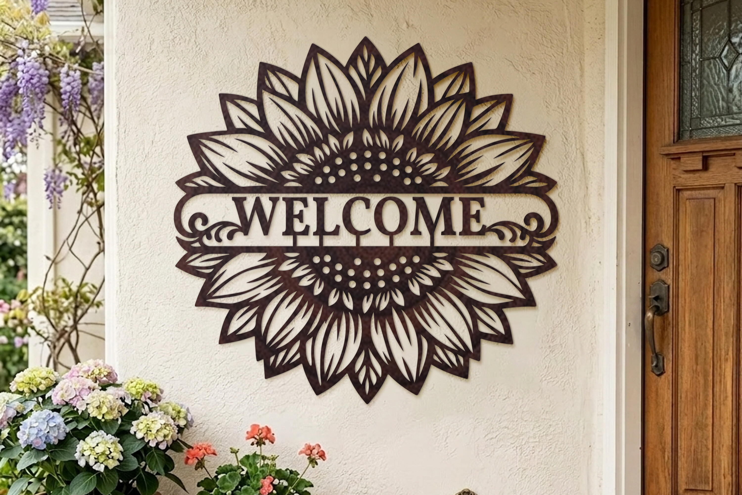 Laser Cut Sunflower Welcome Sign SVG · Creative Fabrica