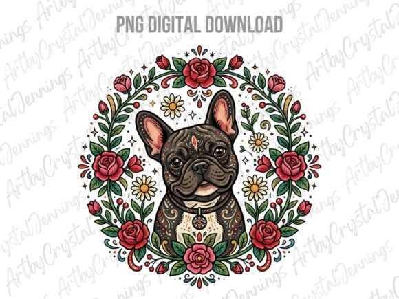 Ornate floral Frenchie wreath PNG with merle coat for 20oz tumblers and pillows