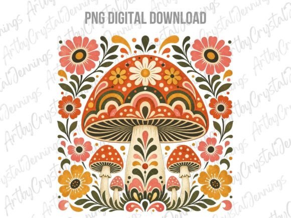 Vintage Retro Floral Boho Mushroom PNG