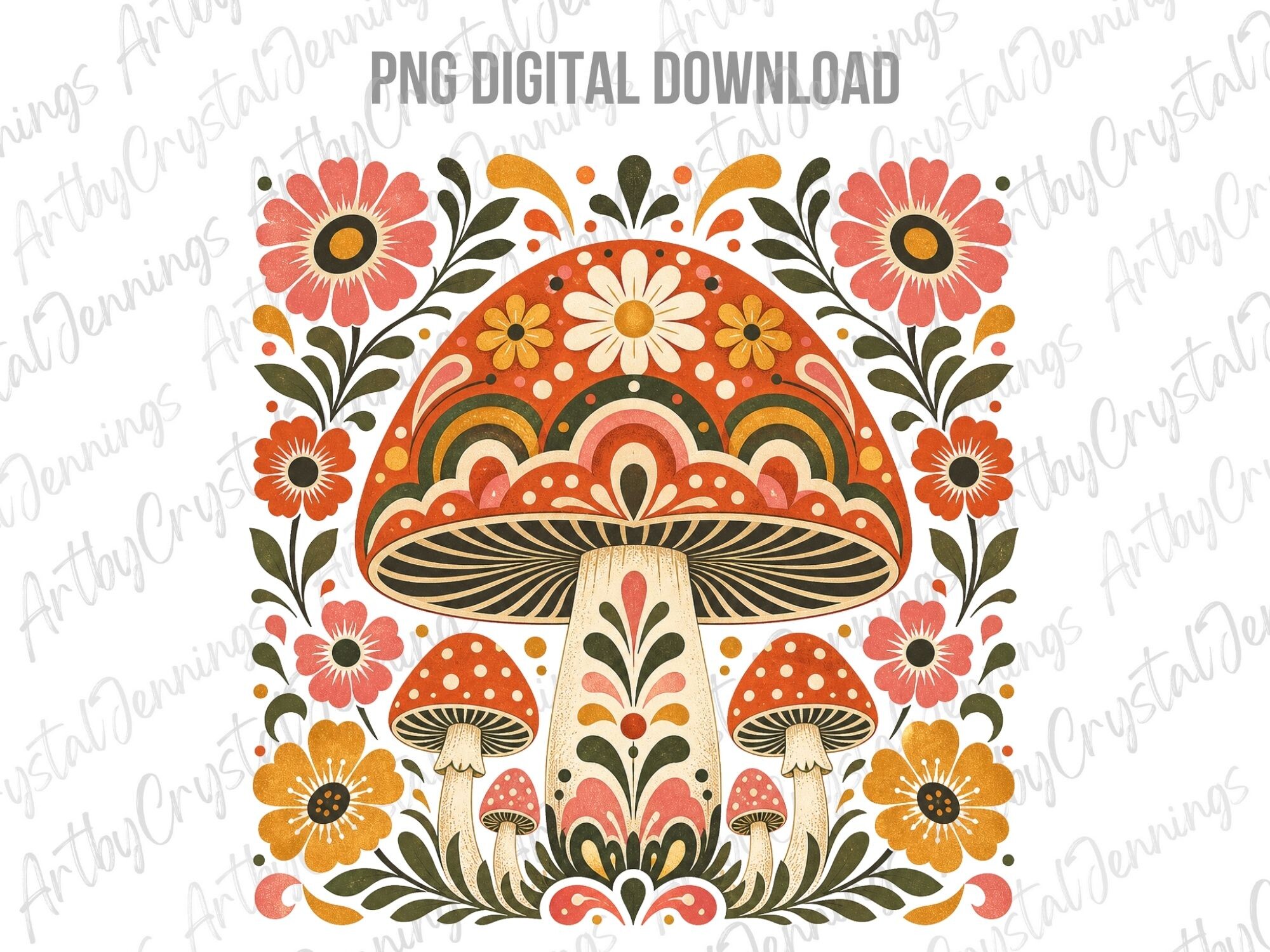 Vintage Retro Floral Boho Mushroom PNG