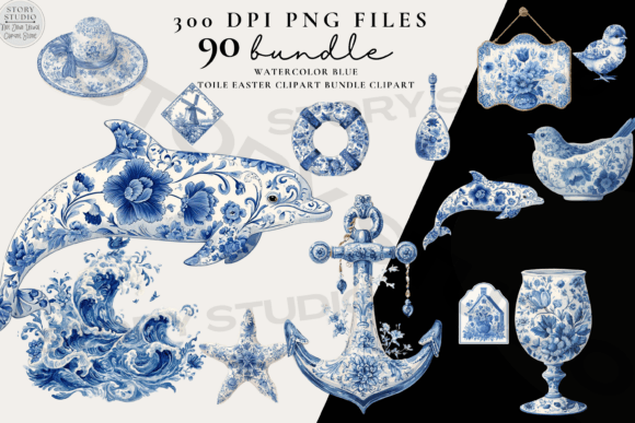 Watercolor Blue Toile Easter Clipart Graphic AI Transparent PNGs By Story Studio