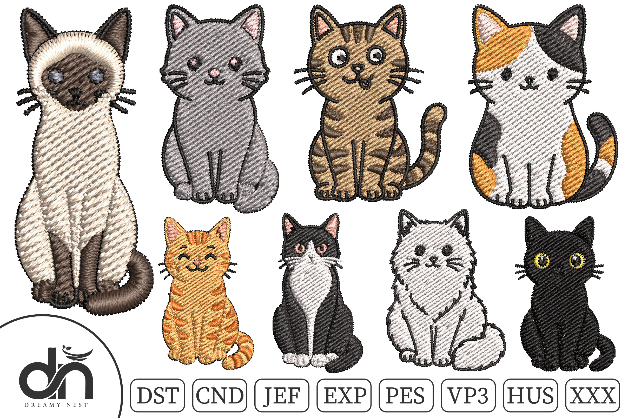 8 Cute Kawaii Cats Embroidery Bundle