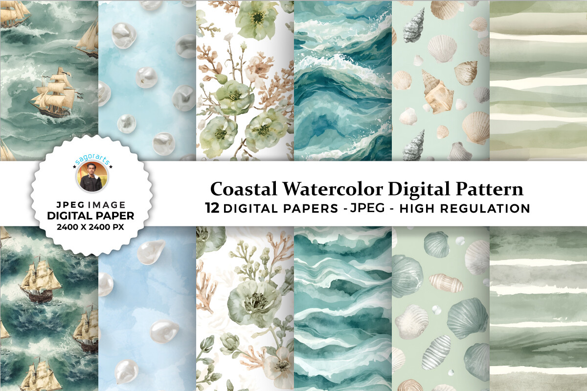 Coastal Watercolor Digital Patterns Graphic by sagorarts · Creative Fabrica