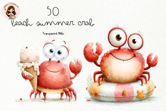 Cute Beach Crab PNG Clipart Bundle Gráfico Ilustraciones Imprimibles Por Nicolle's Colorful Art