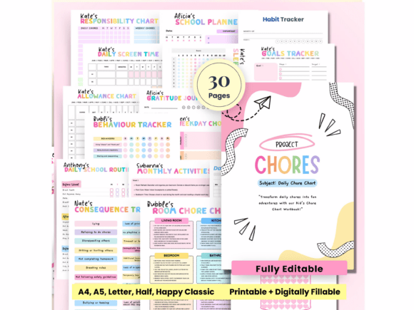 Editable Kids Chore Charts, Weekly Chore