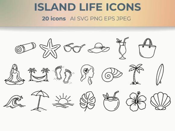 Island Life Line Icons | Tropical Summer Graphic Icons By CozyNest Studio