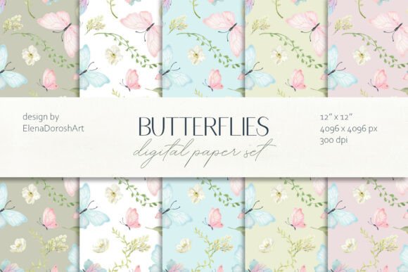 Pastel Butterflies Flowers Digital Paper Gráfico Padrões de Papel Por Elena Dorosh Art