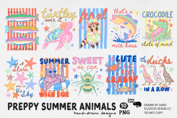 Preppy Summer Animals PNG Bundle Graphic Illustrations By Lazy Cat