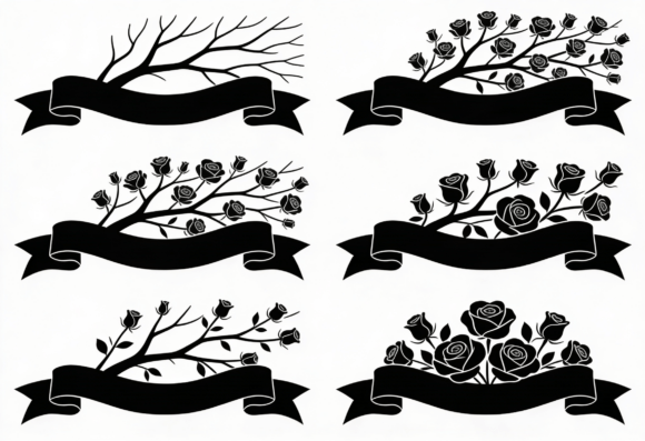 Rose Banner Clipart Black White SVG