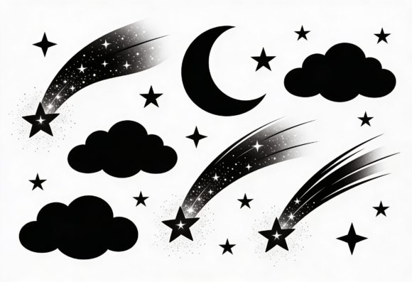 Shooting Stars Moon Clouds Black White Graphic Crafts By mhrana730