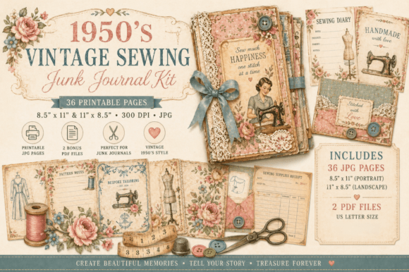 Vintage Sewing Junk Journal Kit Graphic Crafts By printablepretty