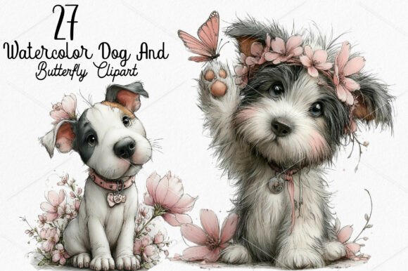 watercolor dog and butterfly clipart kawaii cute cricut stickers tees vinyl