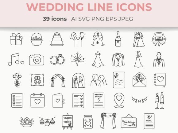 Wedding Line Icons Romantic Vector SVG Graphic Icons By CozyNest Studio