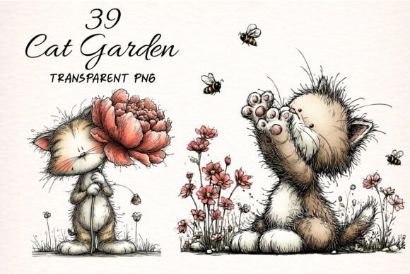 Whimsical Cat Garden Clipart Bundle for cottagecore mugs and nursery art
