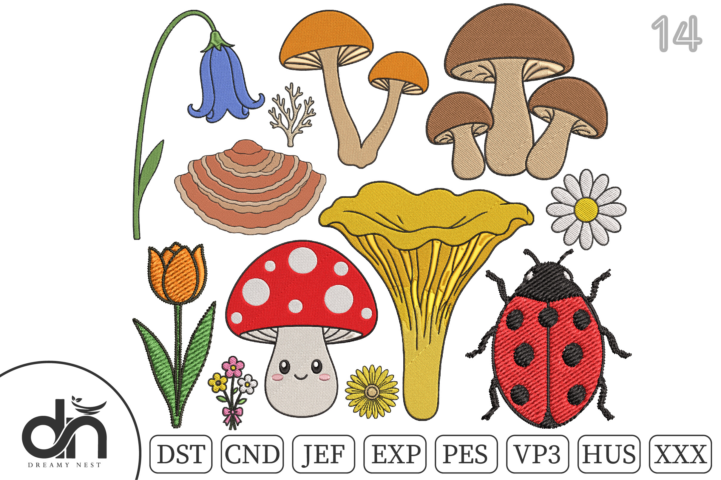 14 Tiny Mushroom Floral Embroidery Set