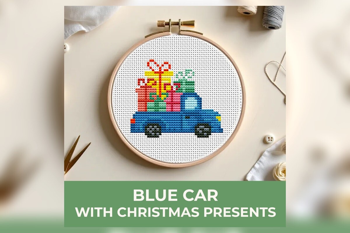 Blue Car with Christmas Presents Cross S