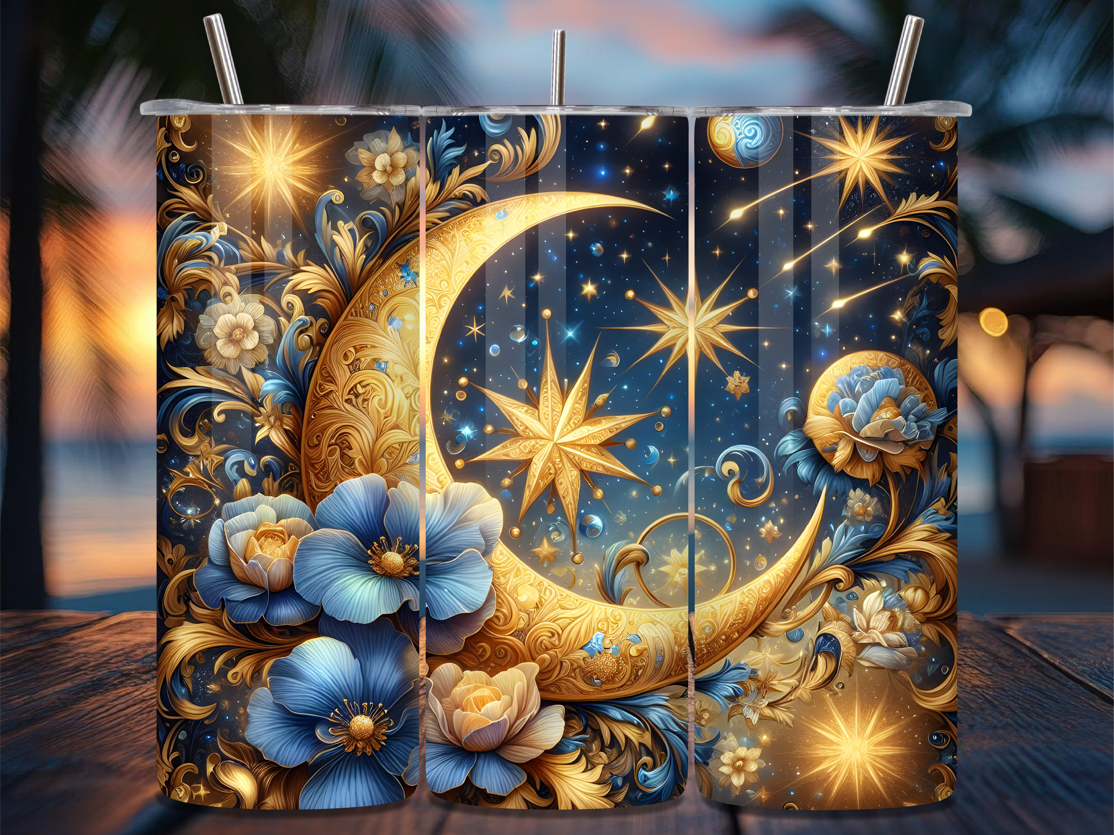 Celestial Stars and Blue Florals Tumbler