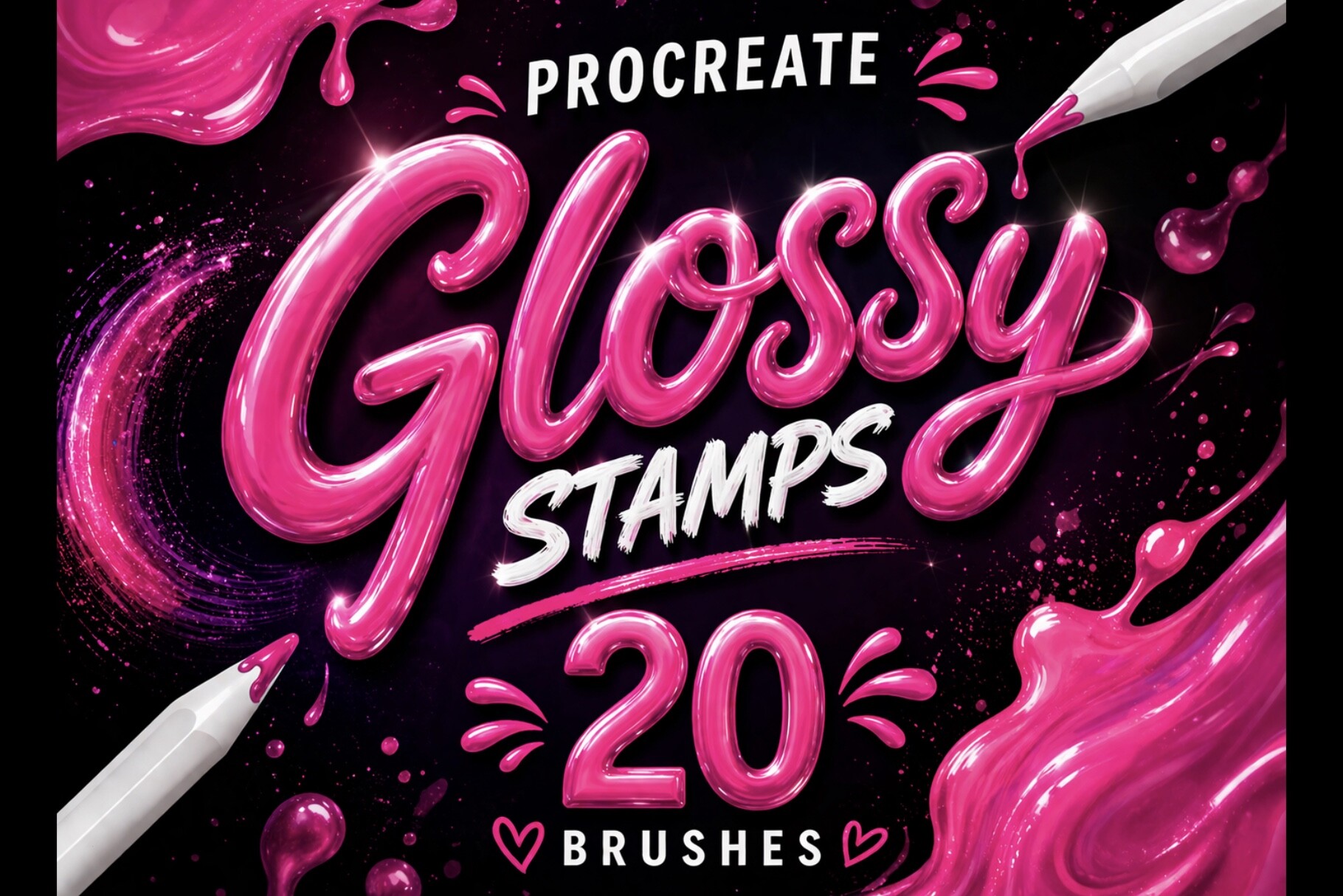 Procreate Glossy Lettering Brushes 3D shine effect liquid strokes kawaii