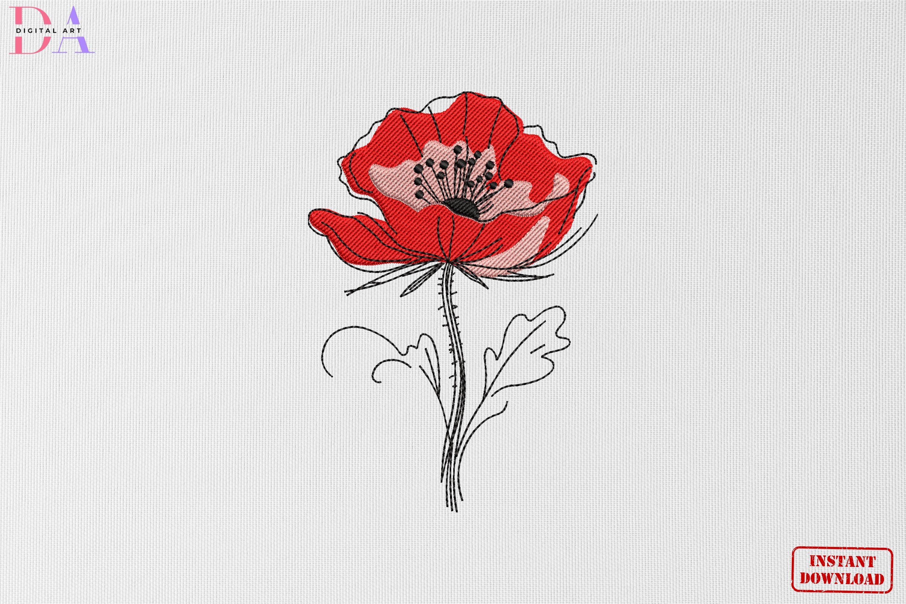 Red Poppy Floral Line Art
