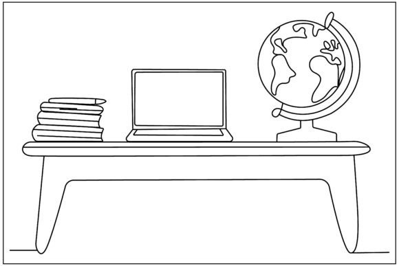 Teacher Desk Globe Line Art