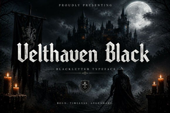 Preview specimen of Velthaven Black blackletter font