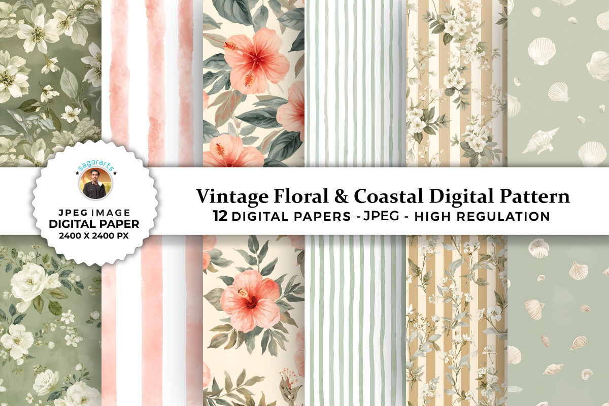Vintage Floral & Coastal Digital Pattern Graphic by sagorarts ...