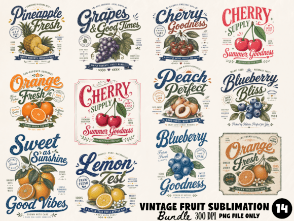 Vintage Fruit Sublimation Bundle PNG | R Graphic T-shirt Designs By Craftcity