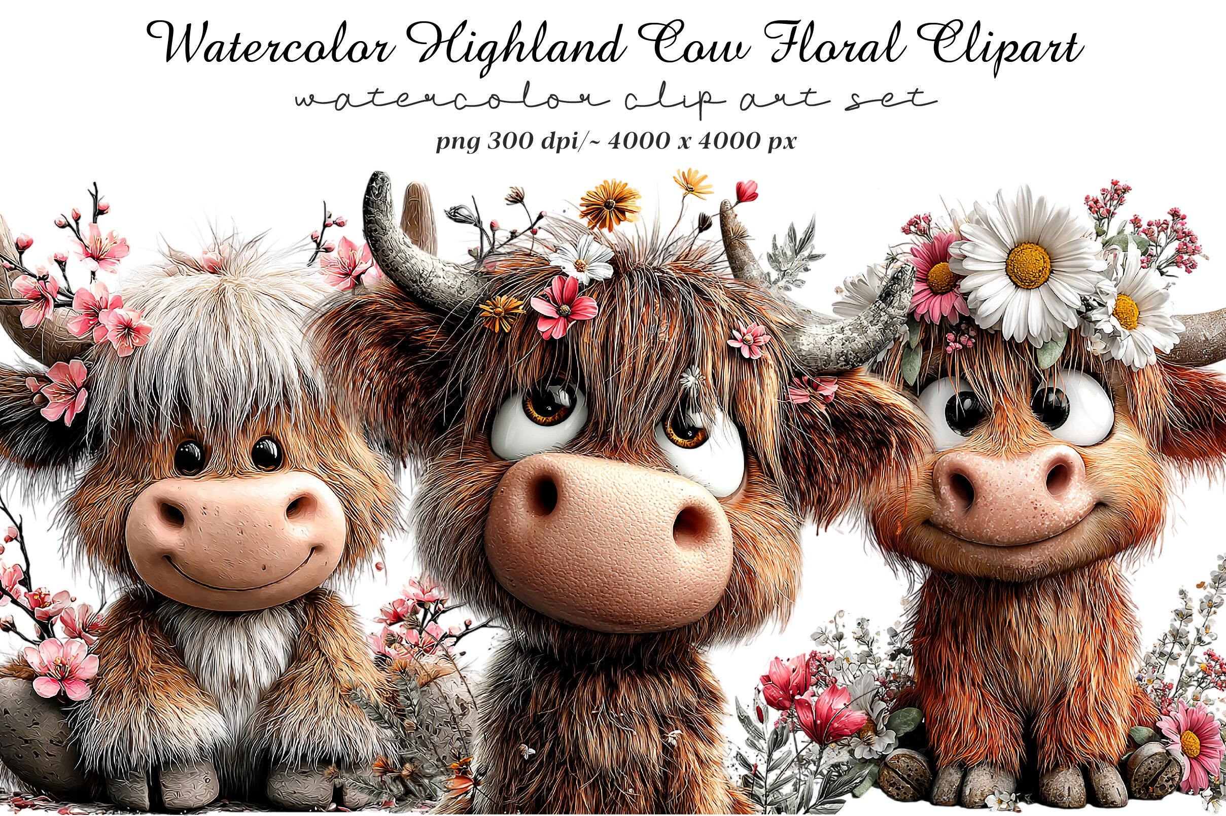 Watercolor Highland Cow Floral Clipart Graphic by GatewayDesign ...
