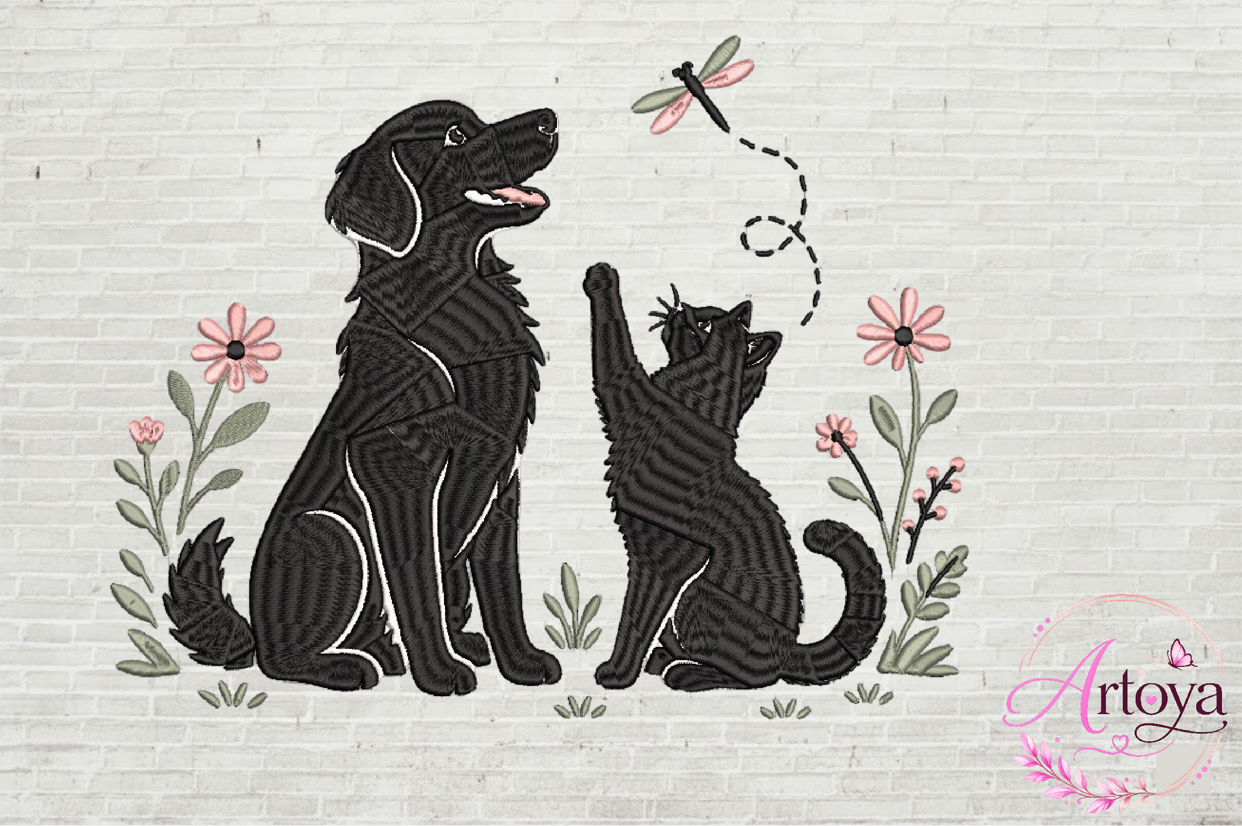 Black Dog and Cat Embroidery Design