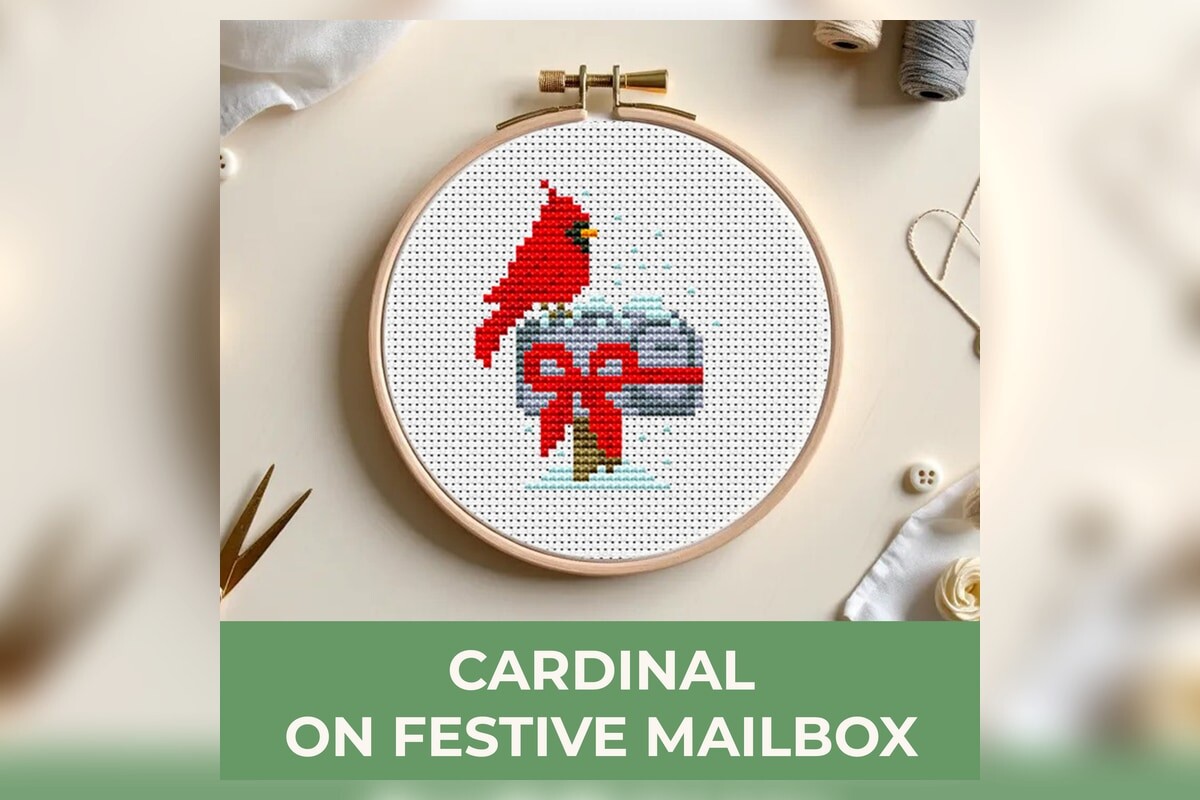 Cardinal on Festive Mailbox Cross Stitch