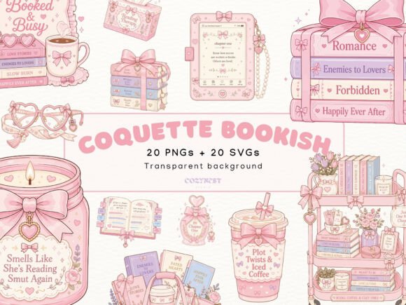Coquette Bookish Cliparts, Romance Books Graphic Illustrations By CozyNest Studio