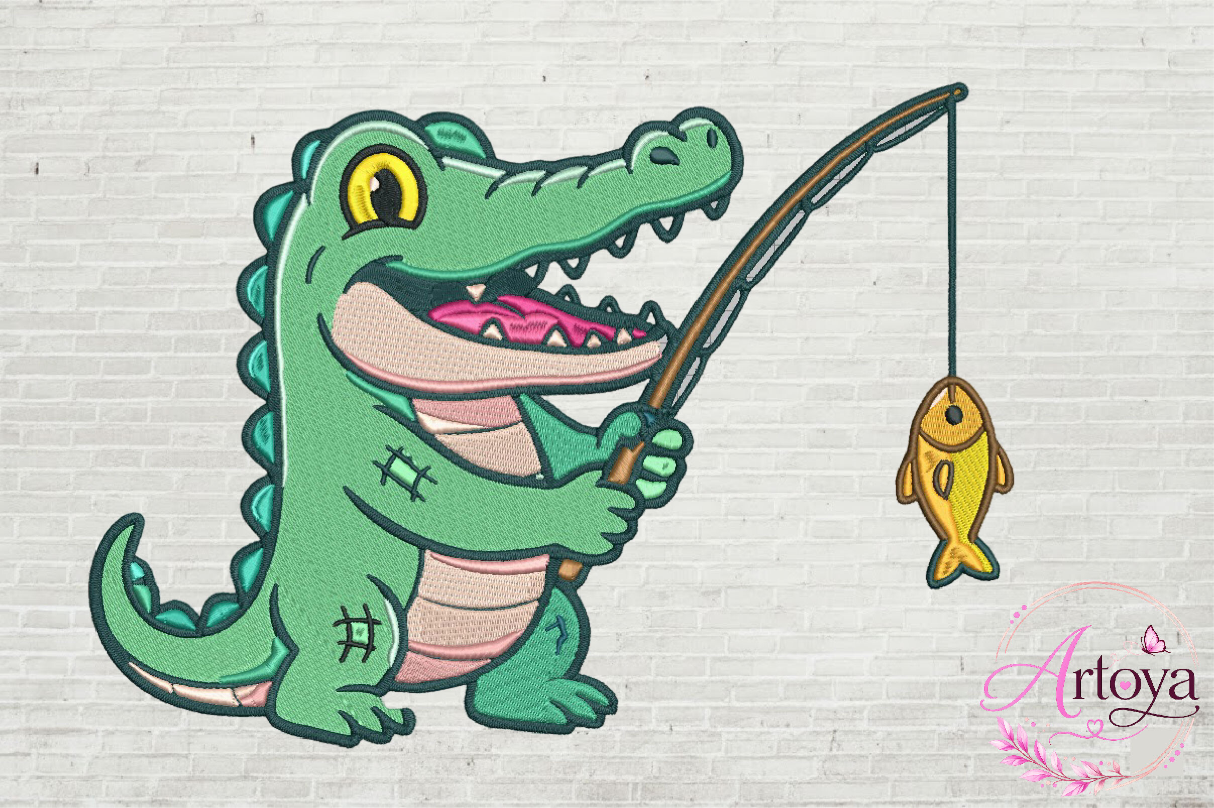 Cute Alligator Fishing Embroidery Design