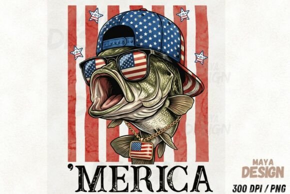 Funny Patriotic ‘Merica Bass Fishing PNG Gráfico Ilustraciones Imprimibles Por Maya Design