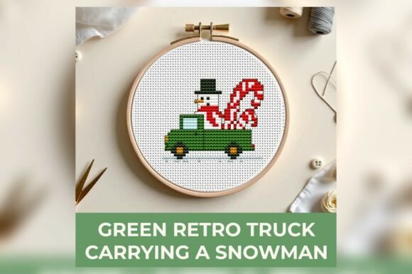 Green Retro Truck Carrying a Snowman Cro