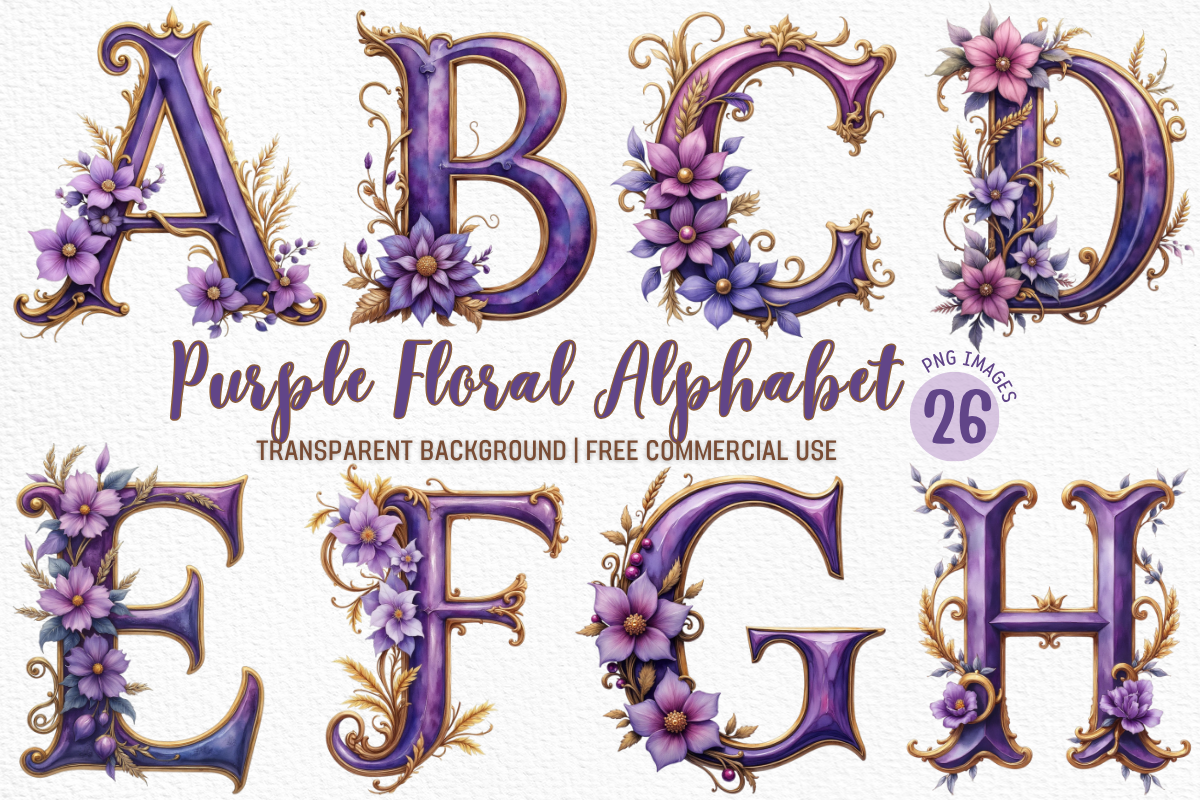 Purple Floral Alphabet Clipart Bundle Graphic by Marshall Designs ...