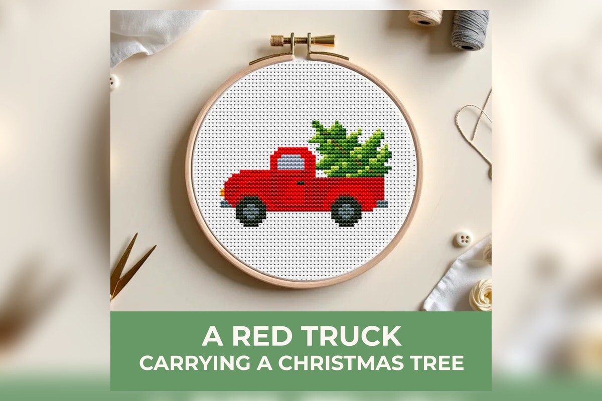 Red Vintage Truck Carrying a Christmas T