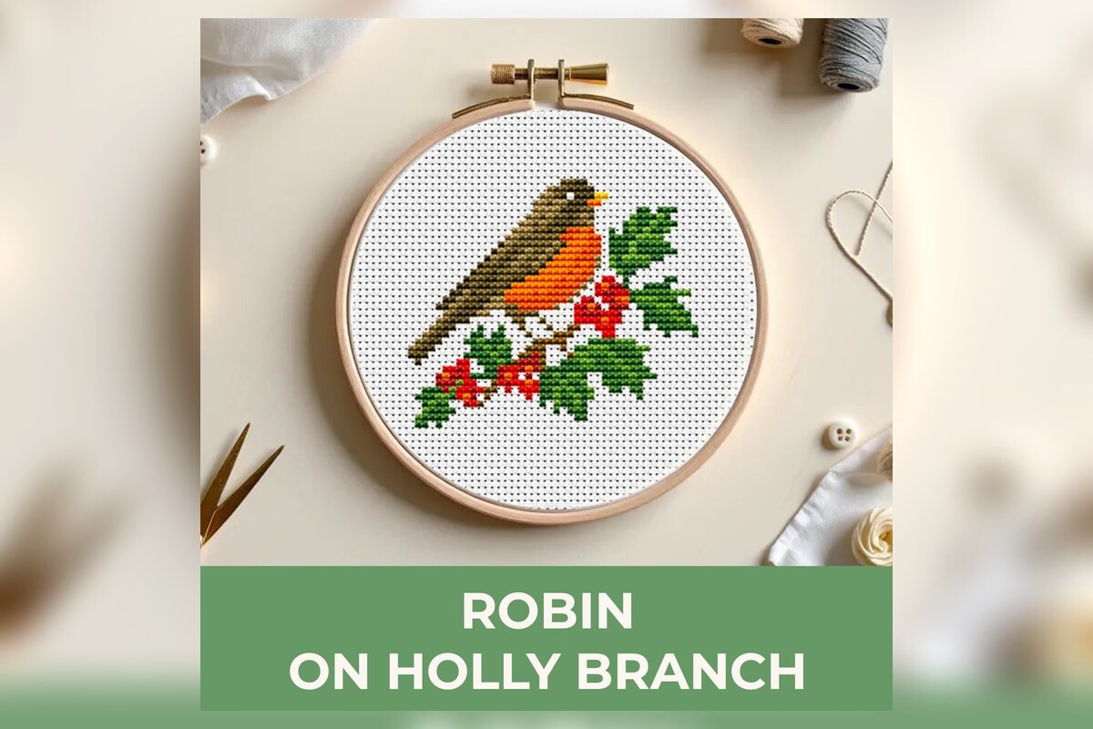 Robin on Holly Branch Cross Stitch Patte