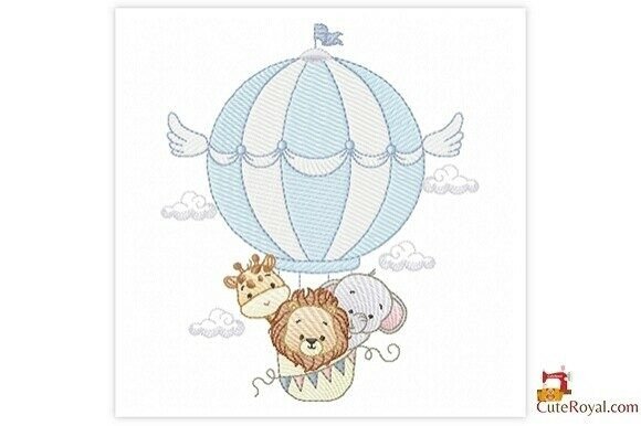 Safari Animals in a Blue Hot Air Balloon Baby Animals Embroidery Design By CuteRoyal