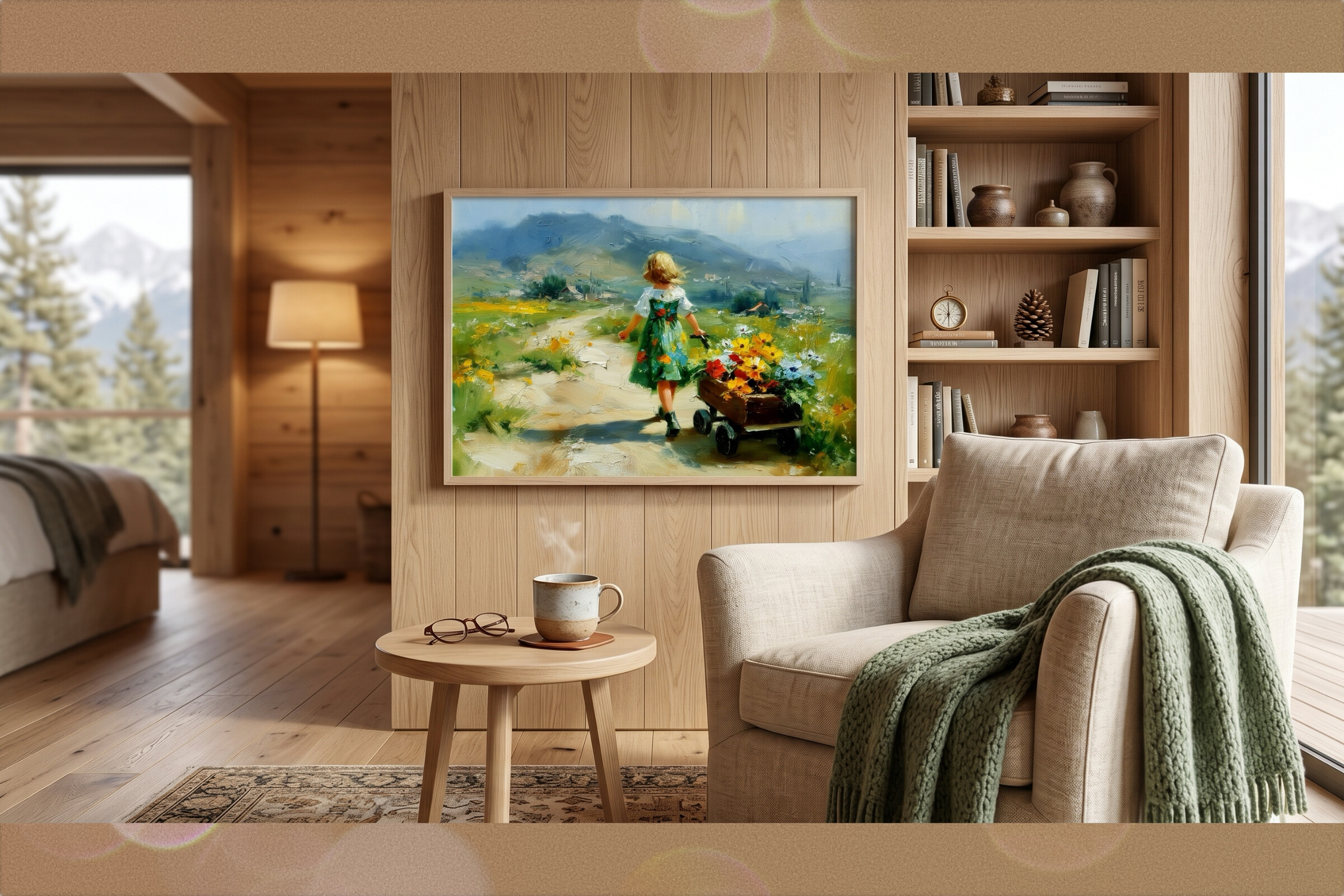 Sunlit Alpine Meadow Girl & Flower Cart