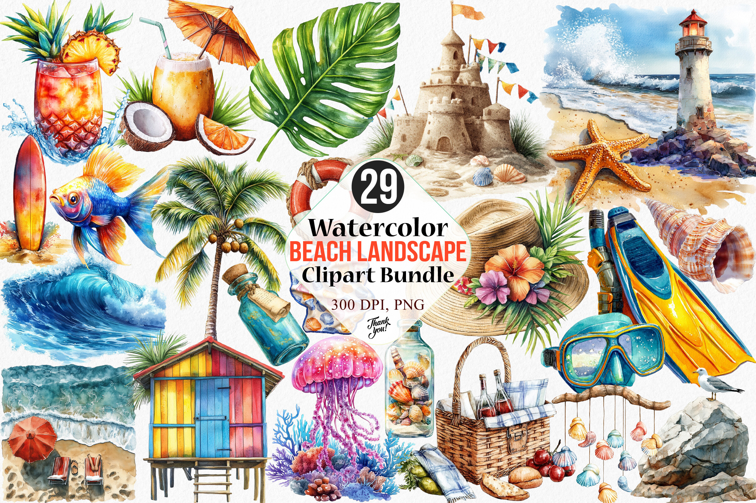 Watercolor Beach Landscape Clipart Graphic by Lazy Panda · Creative Fabrica