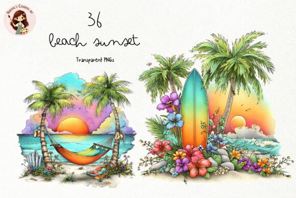 Watercolor Beach Sunset PNG Clipart Graphic Illustrations By Nicolle's Colorful Art
