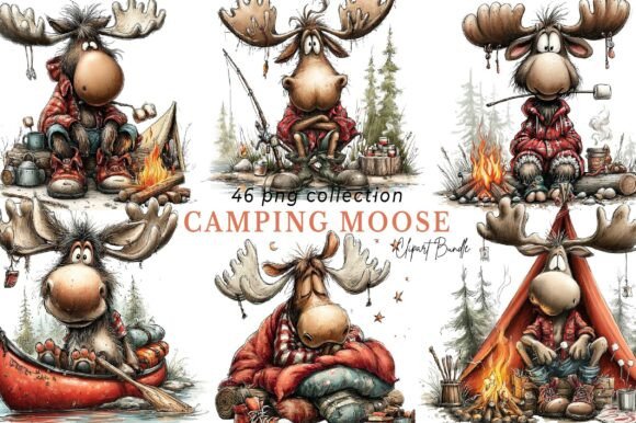 Whimsical camping moose clipart bundle for Cricut shirts mugs and sticker designs