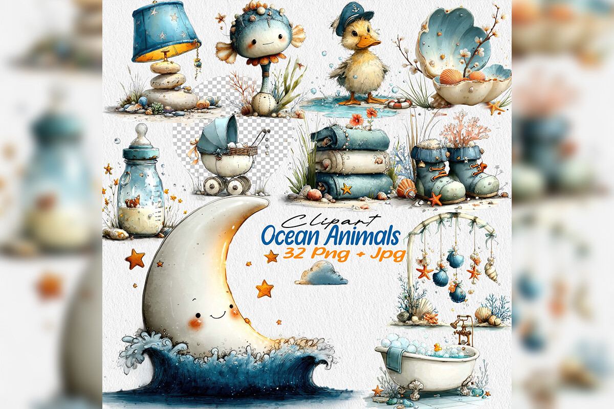 Baby Ocean Nursery Clipart Set Graphic by One-touch · Creative Fabrica