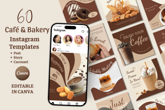 Preview of Bakery&Coffee Instagram Canva Templates coffee shop social media template