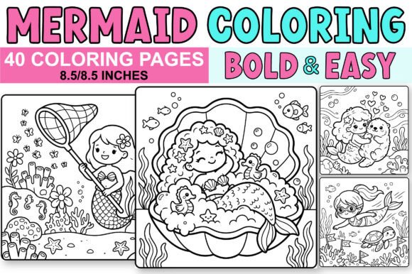 Preview of Cute Mermaid Coloring Book - Bold & Easy coloring pages for kids