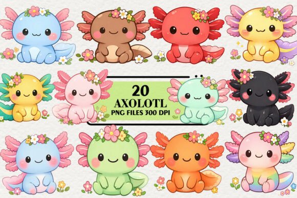 Kawaii Axolotl Floral Clipart Bundle