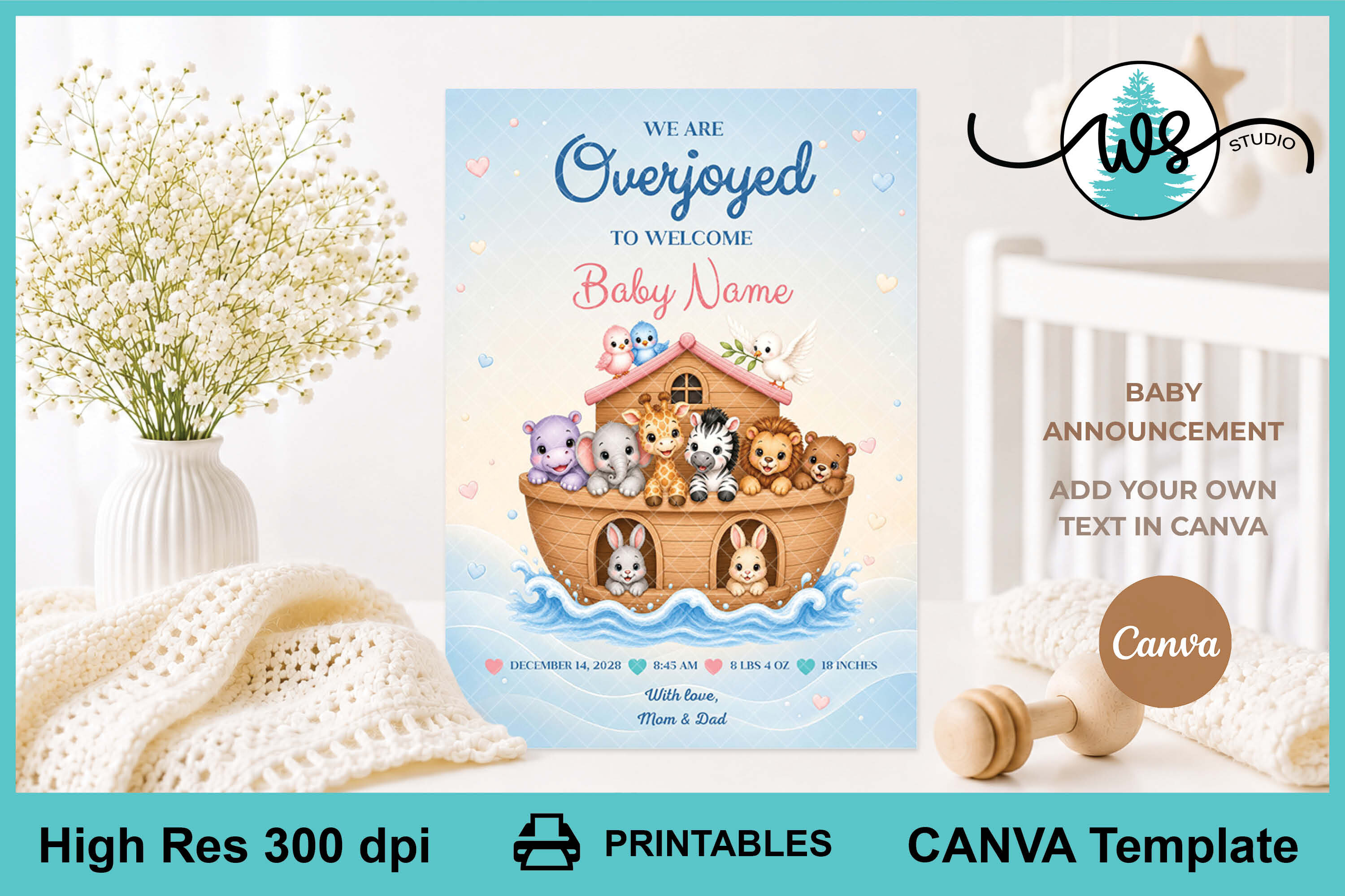Noah’s Ark Baby Announcement Birth Card
